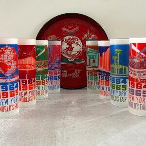 NY World's Fair 1964-1965 Vintage Collectible Complete 8 Glasses & Tray Set
